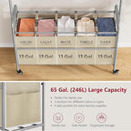 Tajsoon Laundry Sorter with Hanging Bar, 5 Bag Laundry Sorter with Wheels, 246L (65 Gal.) Laundry Hamper with Adjustable Hanging Rack, Laundry Room Organization and Storage, Beige