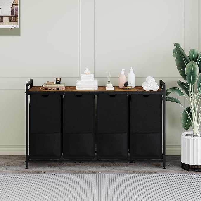 47-Inch Wide Laundry Sorter, 4 Section Hamper Basket Organizer with 100lbs Wood Top, Black Iron Frame, 30lbs Capacity Pull-Out Fabric Bags, Clothes Organizers and Storage