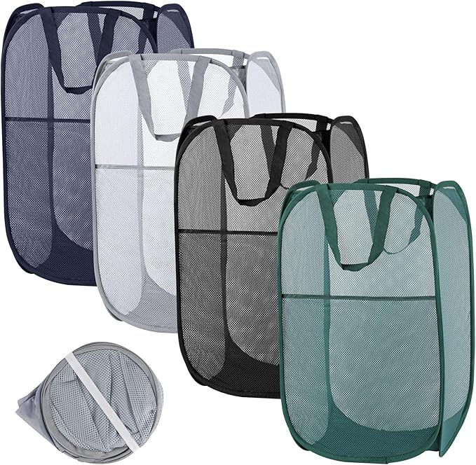 4Pcs Pop Up Laundry Basket Set, Collapsible Pop Up Hamper in 4 Colors, Mesh Laundry Basket for Home, Dorm, Travel & Storage
