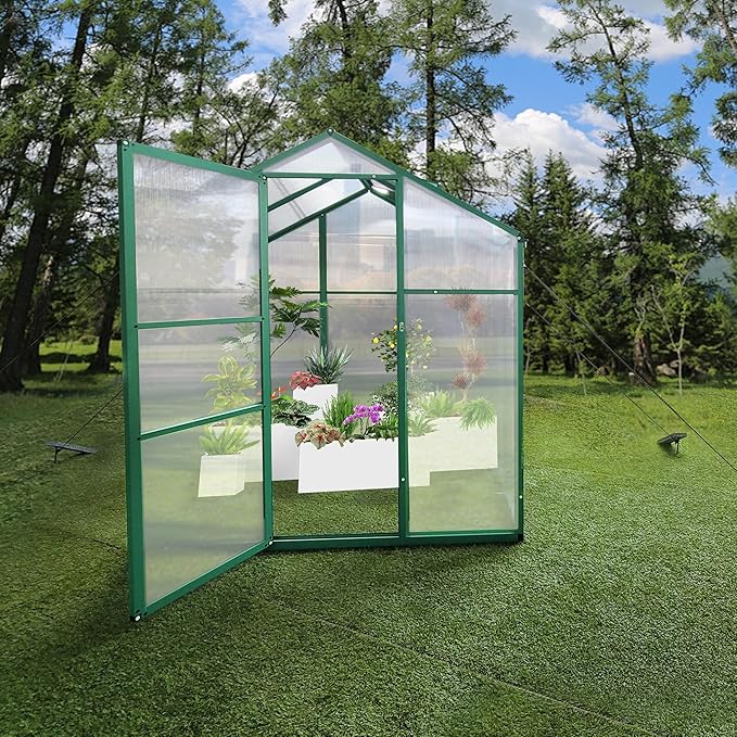 6x4 FT Outdoor Greenhouse, Polycarbonate Raised Base Greenhouses with Heavy-Duty Aluminum Walk-in Green House for Outdoor, Backyard, Patio (6x4 FT)