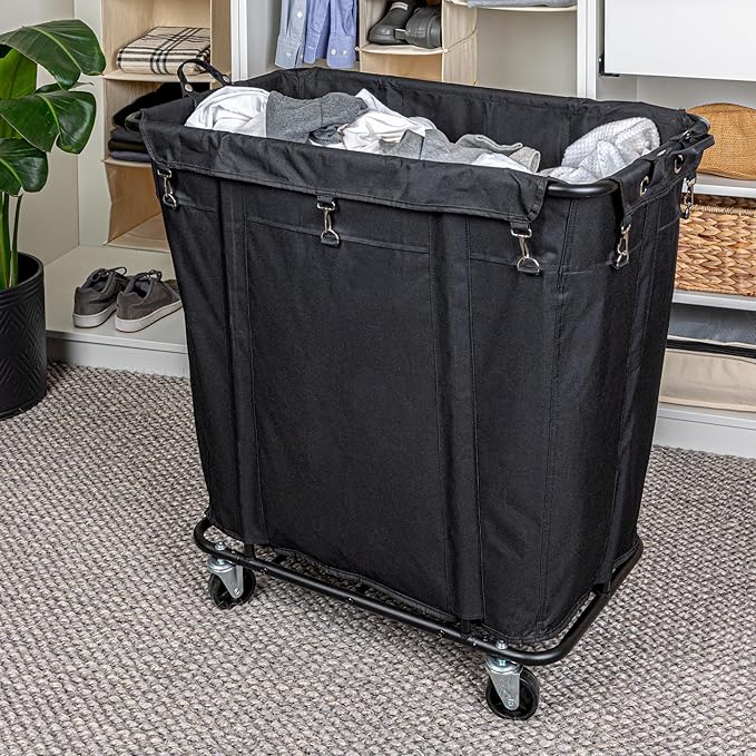 Household Essentials Commercial Laundry Cart with Rolling Caster Wheels, Black Canvas Liner and Steel Frame