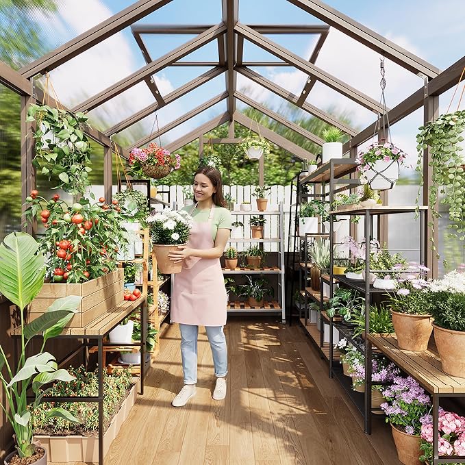 Heavy Duty Spruce Frame Wooden Greenhouse – Walk-in Outdoor Garden Outdoor Storage with Polycarbonate Panels, Adjustable Roof Vents, Lockable Door, Spacious Storage, Ideal for Patio, Lawn,