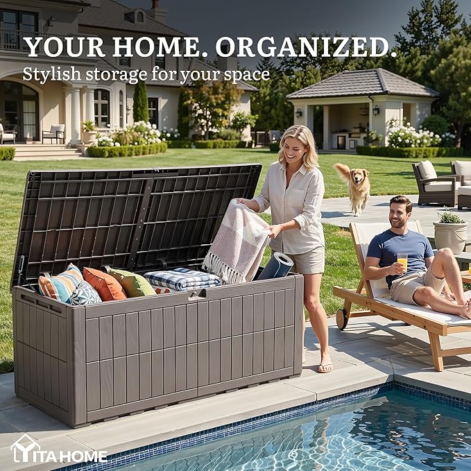 YITAHOME XL 200 Gallon Large Deck Box, Waterproof Resin Outdoor Storage Box with Lock and 3-Person Bench Seating for Patio Furniture Cushions,Garden Tools & Pool Accessories, Light Brown