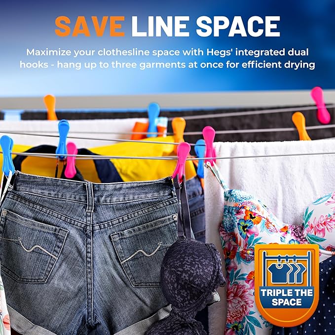 The Smartest Heavy Duty Clothespins with Hooks (24 Pack Orange, Pink, Blue) - Hang 3 Garments at Once with Our Tough, Dual Hooks Clothes Pins with Anti-Rust Spring - Tough, Colorful Clothespins