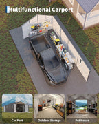 Garvee 12x25 ft Enclosed Metal Car Port, Oversized Carport with Vertical Steel Roof for All-Weather Use, Metal Garage Shed with Man Door for Full-Sized Pickup Trucks & SUV, Gray