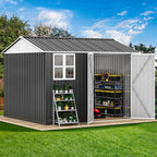 DWVO 10' x 8' Outdoor Storage Shed, Waterproof Metal Garden Shed with Windows, Lockable Doors, and Sloped Roof for Patio, Backyard, Lawn, Tool Storage, Bike Shed, Pet Shelter (Gray + White)