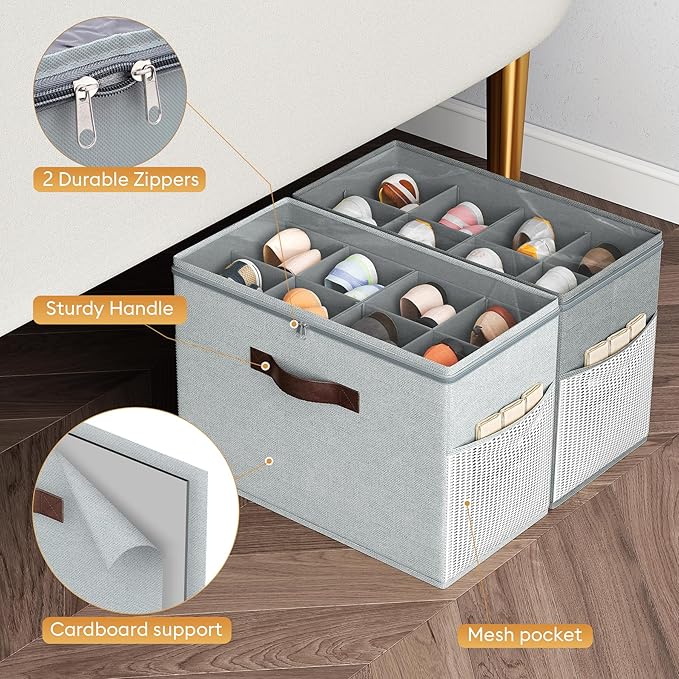 Budding Joy 2 Pack Shoe Organizer for Closet, Clear Foldable Shoe Storage Containers Adjustable Dividers Fits 16 Pairs,Shoe Storage Bins Baskets Boxes with Reinforced Handles Light Grey Greenish Grey