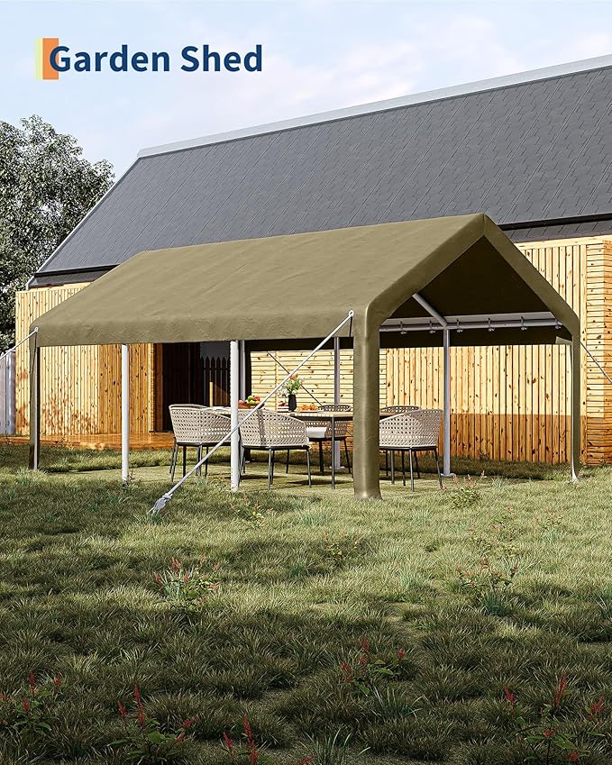 Garvee 10x20 ft Portable Garage, Car Port with 200 g PE Tarp Canopy, with 2 Roll-Up Doors and 4 Windows, for Temporary Paint Booth, Boats&Pickups Shed, and Event Shelter, Khaki