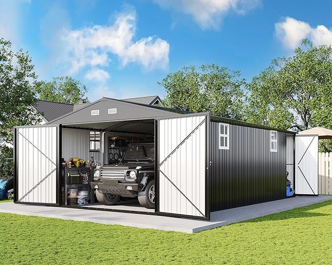 AMERLIFE 13x21x8.4 FT Heavy Duty Metal Garage Shed, Extra Large Outdoor Storage Shed with Double Hinged Doors & 4 Windows, Carport for Car, Boat, Truck and Equipment Storage, Dark Gray