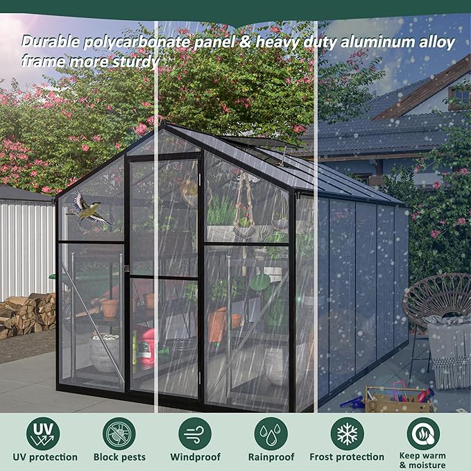 Large Walk-in Clear Polycarbonate Greenhouse with Rain Gutters & Adjustable Roof Vent - Sturdy Aluminum Frame Outdoor Plant House for Vegetable, Flower & Garden Growth-Outbuilding (6x10 ft)