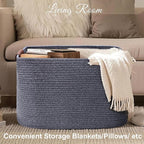 Large Cotton Rope Storage Basket with Leather Handles, Laundry Hamper Baskets, 20 "L x 14" W x 12 "H, Storage Blanket & Toy , Home Decor Basket. (Large Dark Grey)