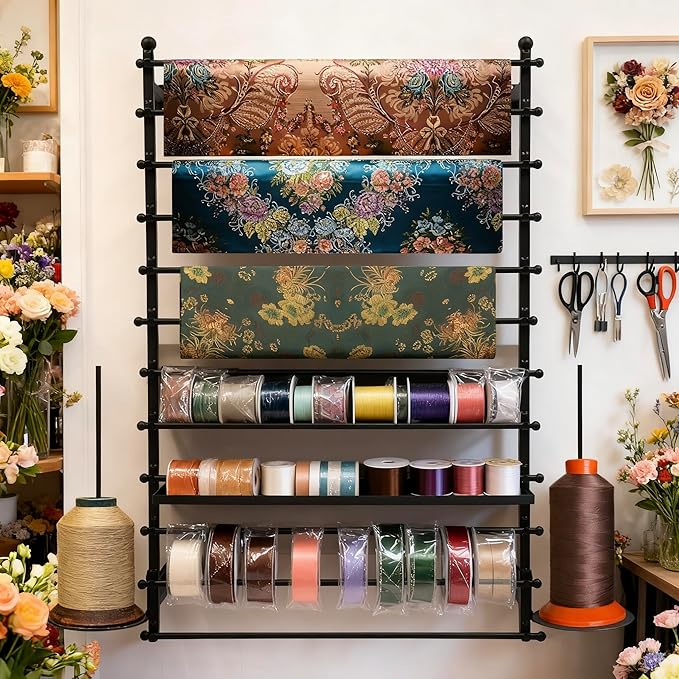12 Layers 80cm Black Wall Display Stand Wrapping Paper Ribbon Organizer Tie Scarf Rack Belt Towel Holder Spool Hijab Stand Metal Shelving for Home, Retail Stores, Flower Shop, Studio, Sewing