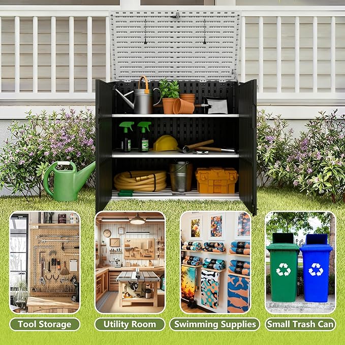 Greesum Outdoor Storage Shed 34 Cu Ft with Lockable Doors, Waterproof Outdoor Storage Cabinet for Trash Cans, Patio Cushions, Gardening Tools with Wood Grain Finish (Black)