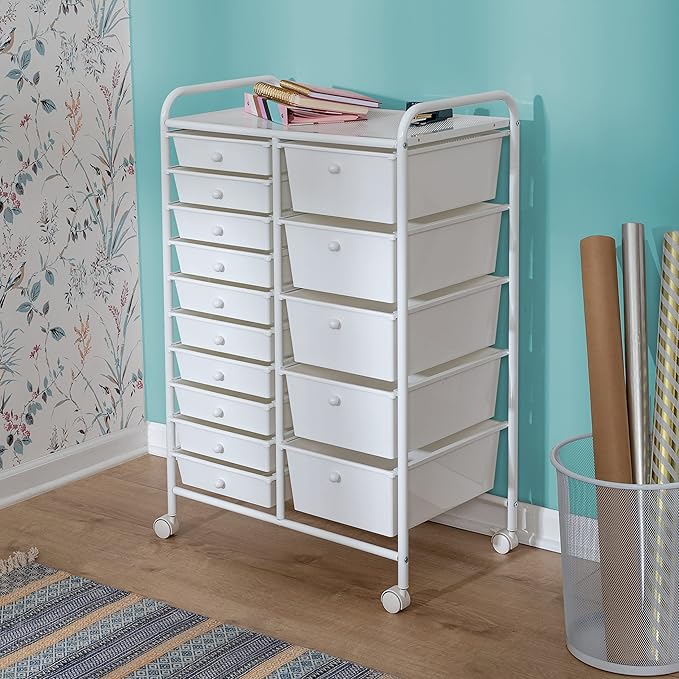 Honey-Can-Do 15-Drawer Metal Rolling Storage Cart, White Steel Multi-Purpose Organizer with Wheels, Heavy Duty Mobile Utility Trolley for Home Office, School, and Craft Supplies