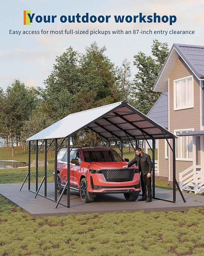 Garvee 13x21 ft Metal Carport Kit, 120° Steep-Pitch Vertical Roof for Snow Shedding, 133" High-Clearance Full-Sized Pickup & Van Shelter, Heavy-Duty Metal Car Port with Reinforced Frame