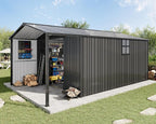 AMERLIFE 10x16.6x7.3 FT Outdoor Storage Shed with Lounge Area, Metal Shed with Sliding Doors, 2 4-Pane Windows & 4 Vents, Heavy-Duty Weather-Resistant Steel for Backyard & Garden, Dark Gray