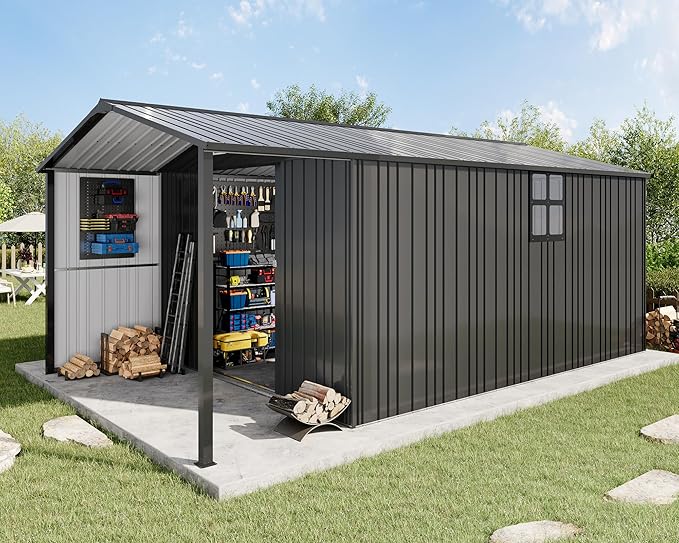 AMERLIFE 10x16.6x7.3 FT Outdoor Storage Shed with Lounge Area, Metal Shed with Sliding Doors, 2 4-Pane Windows & 4 Vents, Heavy-Duty Weather-Resistant Steel for Backyard & Garden, Dark Gray
