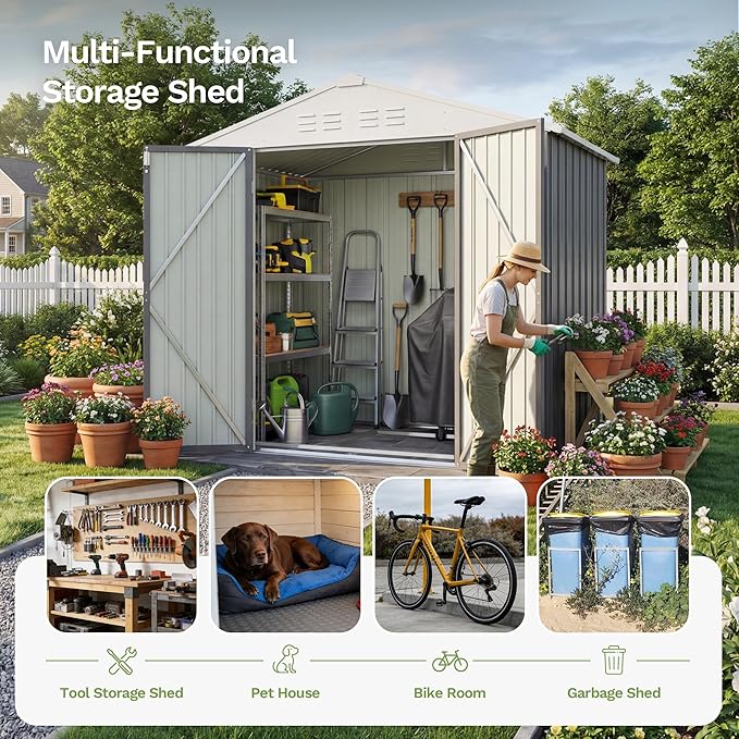 Devoko 6 x 4 FT Metal Storage Shed with Floor Frame Waterproof Garden Tool Shed with Lockable Door, Outdoor Shed Storage House for Backyard Patio Lawn, Grey