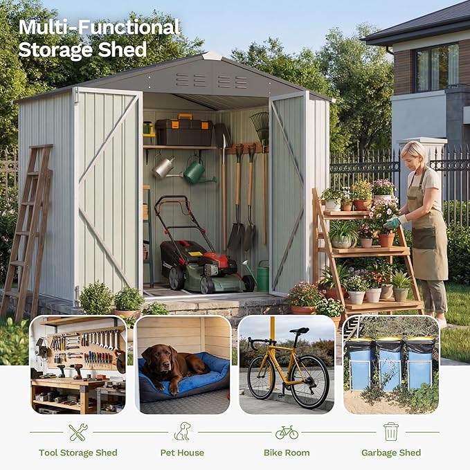 Devoko 8 x 6 FT Metal Storage Shed with Floor Frame Waterproof Garden Tool Shed with Lockable Door, Outdoor Shed Storage House for Backyard Patio Lawn, White