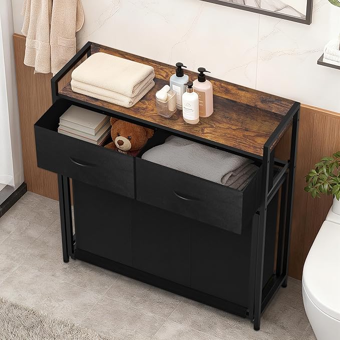 Laundry Hamper with 3 Section Rolling Bags, Laundry Sorter with Wheels, Laundry Basket with 2 Drawer for Laundry Room (Black and Rustic Brown)