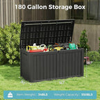 Outdoor Storage Box, Resin Deck Boxes Indoor and outdoor, Waterproof Storage Box Lockable Lid (Black,180 Gallon)