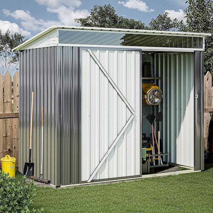JY QAQA 6x4 FT Metal Outdoor Garden Storage Shed, Waterproof Metal Garden Sheds with Window and Lockable Double Door, Weather Resistant Steel Tool Storage House Shed for Patio, Lawn Dark Gray