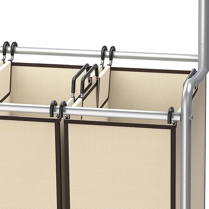 Deco Brothers Heavy Duty 3 Bag Extendable Laundry Sorter Cart with Hanging Bar, Beige