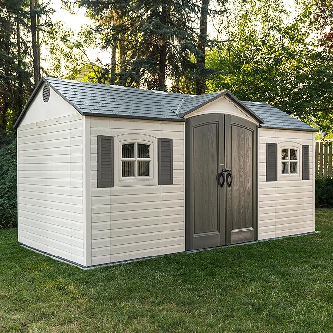 Lifetime Outdoor Storage Shed, 15x8 Ft, Desert Sand, Resin Backyard Tool Shed with Lockable Doors and UV-Protected Panels